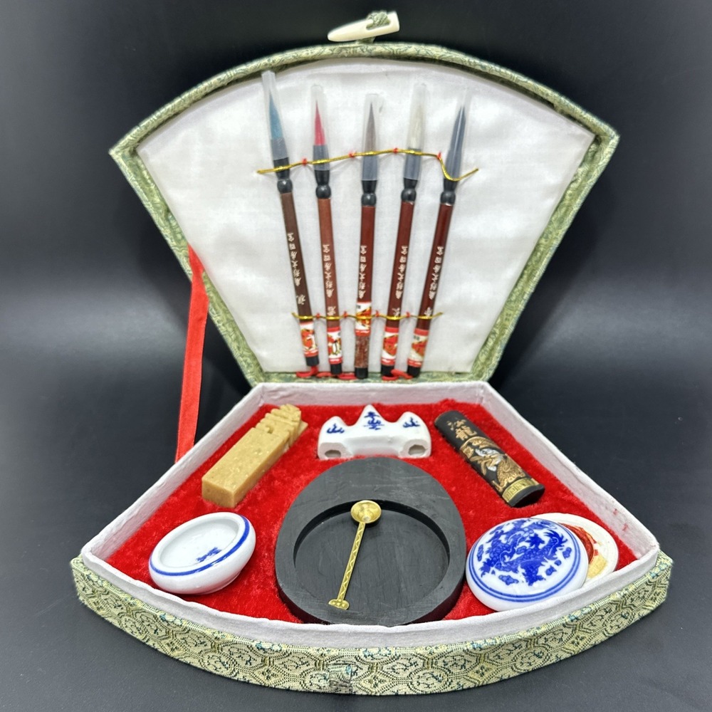 Vintage Chinese Calligraphy Set Red Velvet Fan Shaped Box 5 Brushes Ink Set
